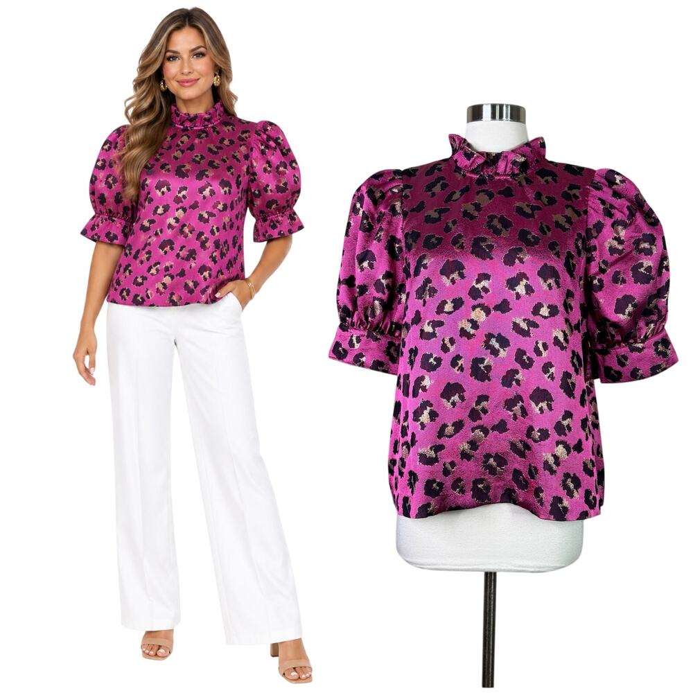 Entro | Metallic Pink Leopard Print Ruffle Neck Puff Sleeve Blouse Top Large
